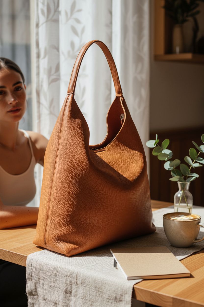 HOXIS hobo bag resting on an oak table in a sunlit café, styled with a latte and greenery for a cozy vibe.