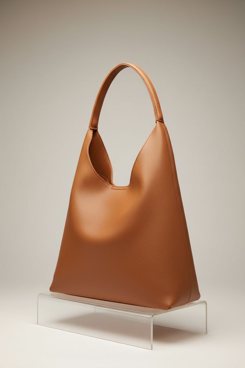 Close-up of HOXIS orange-brown vegan leather hobo bag on a clean studio backdrop, showcasing its design details.