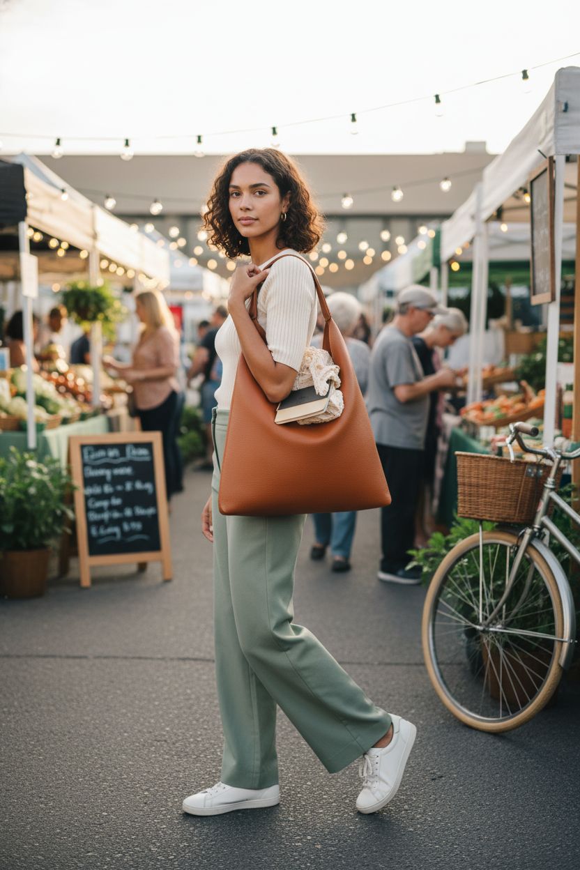 Orange-brown pebbled vegan leather bag stands out at a lively farmers' market, surrounded by greenery.