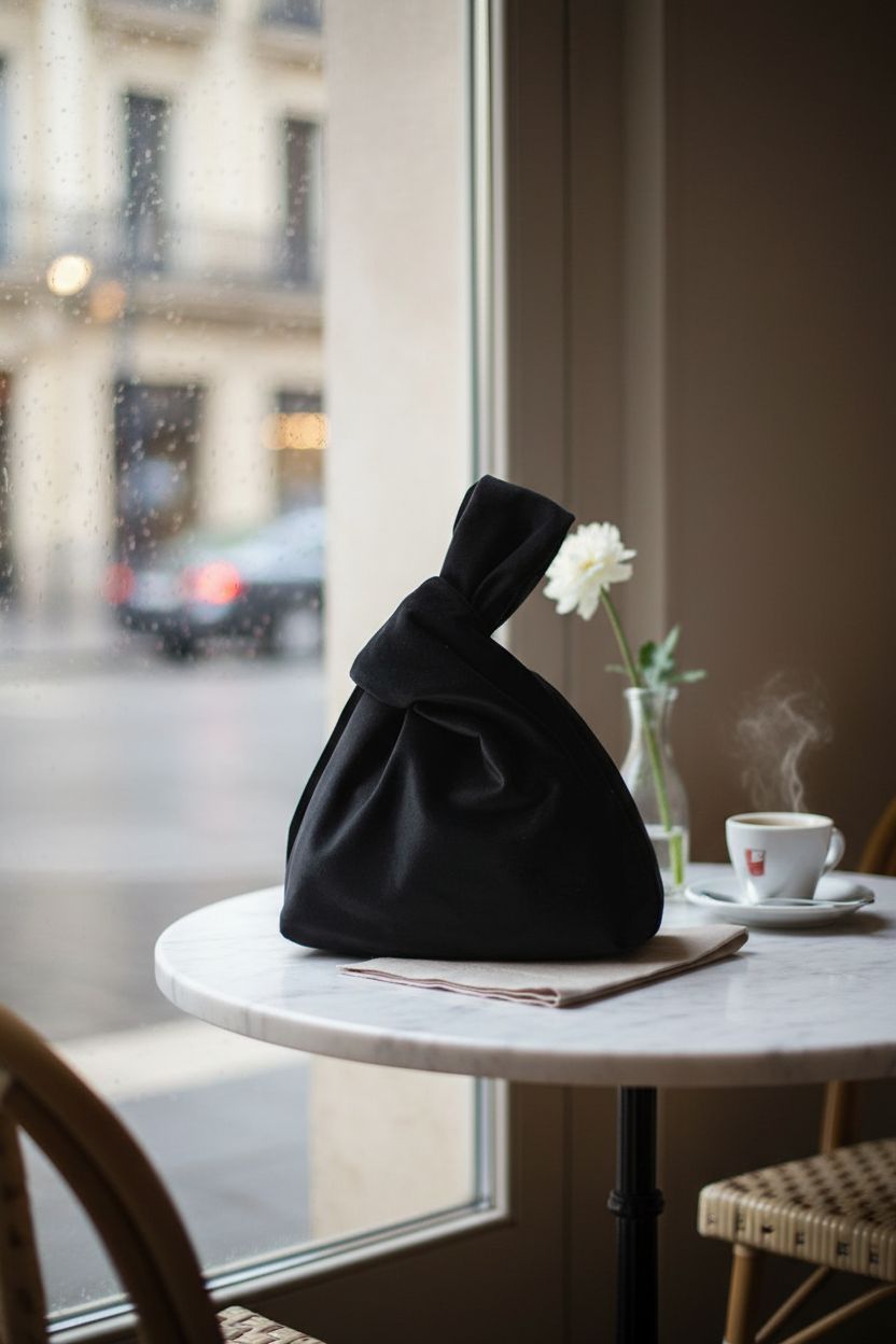 XMRSOY black velvet bag resting on marble table in a cozy café, perfect for a rainy day.