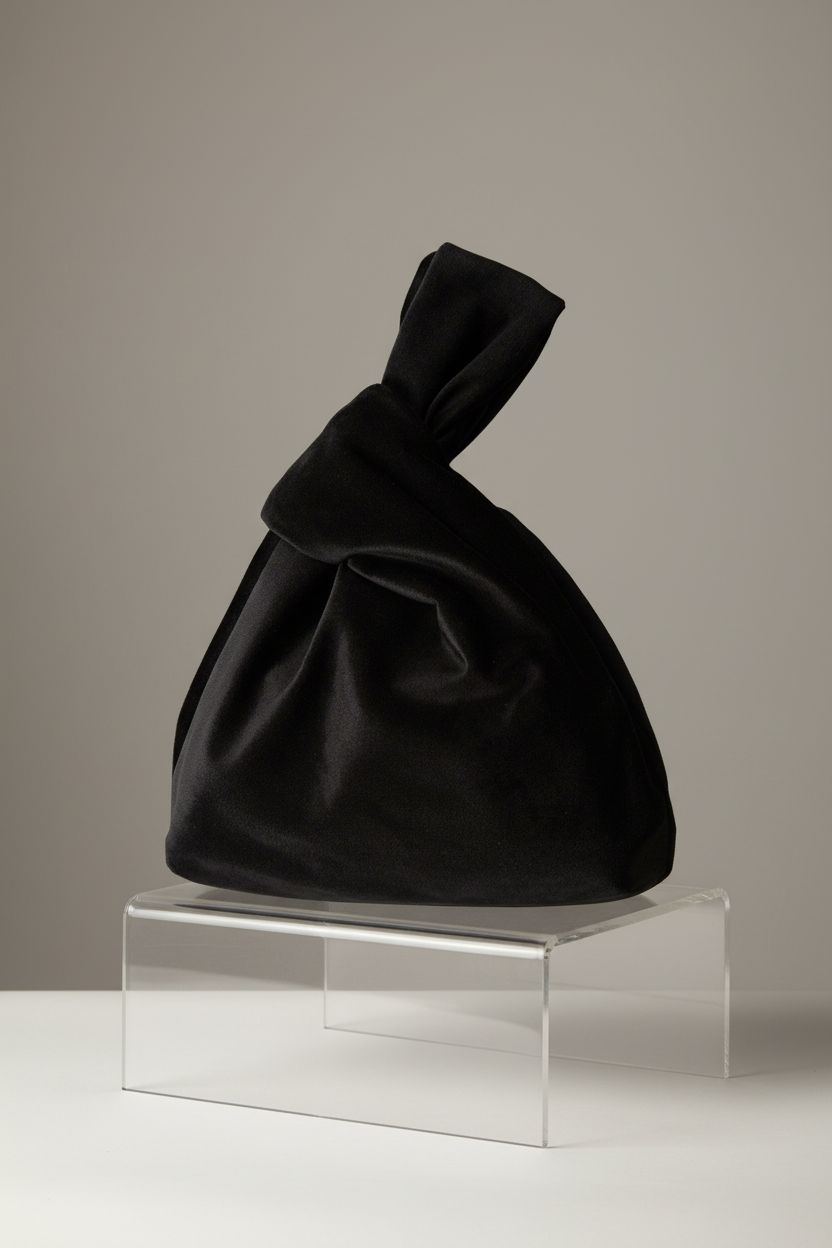 XMRSOY luxury black velvet evening bag showcased on a clean studio set with elegant lighting.