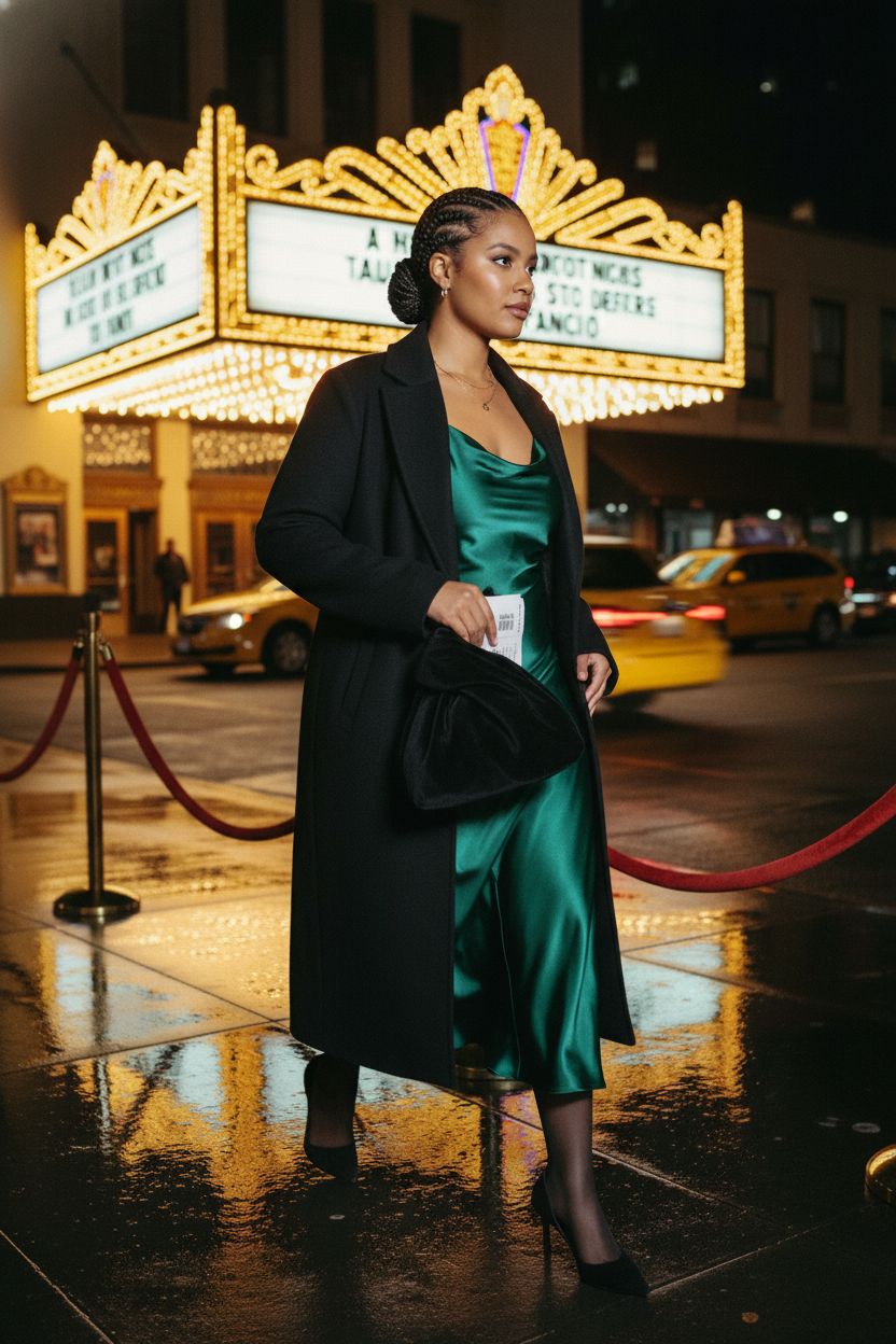 XMRSOY knot-handle black velvet purse elegantly held while entering an art-deco theater.