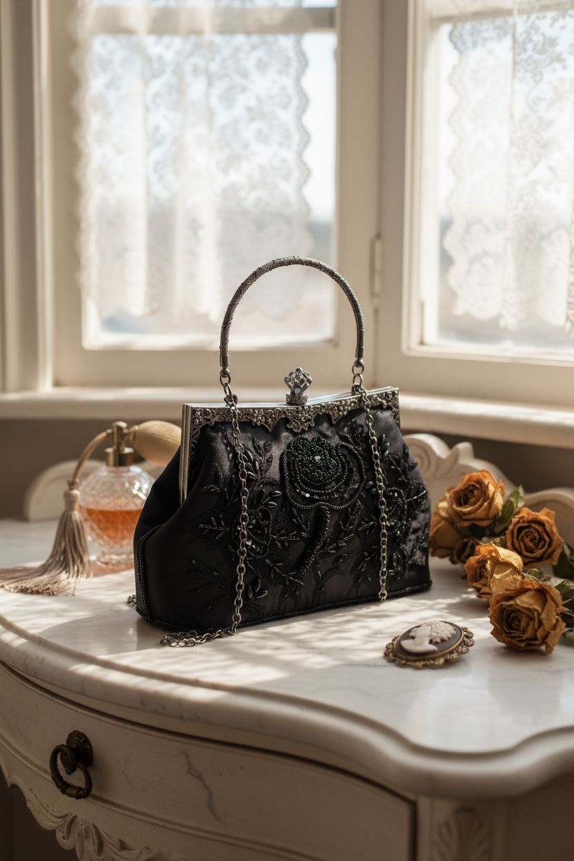 UBORSE Victorian purse on a vintage dressing table, showcasing floral details and rhinestones.