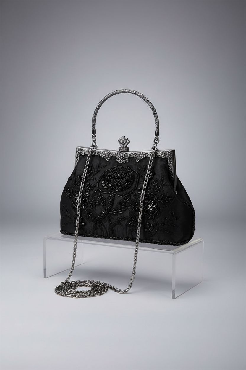 Close-up of UBORSE Victorian purse with sequins and kiss-lock closure, perfect for evening wear.