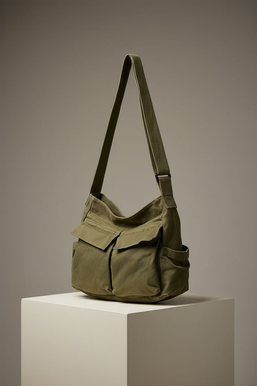 GAXOS vintage green canvas bag on a minimal pedestal, showcasing its craftsmanship and design