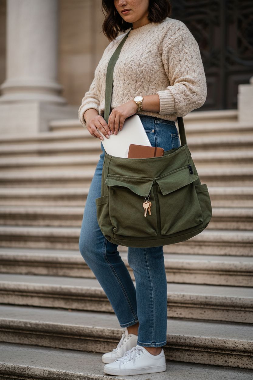 GAXOS vintage green canvas messenger bag on library steps, showcasing zippers and pockets