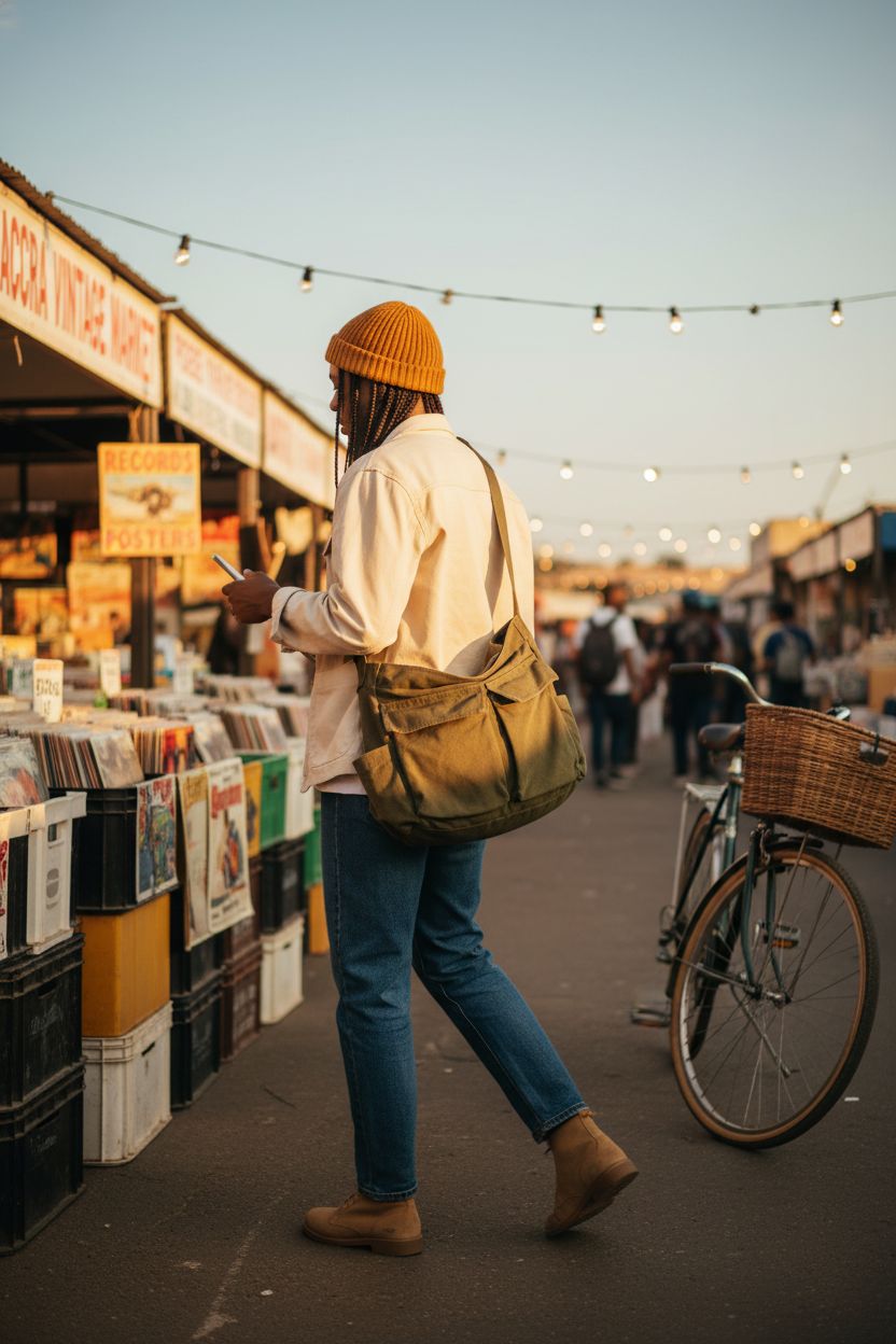 GAXOS vintage green canvas crossbody bag in a bustling market, highlighting its texture and style