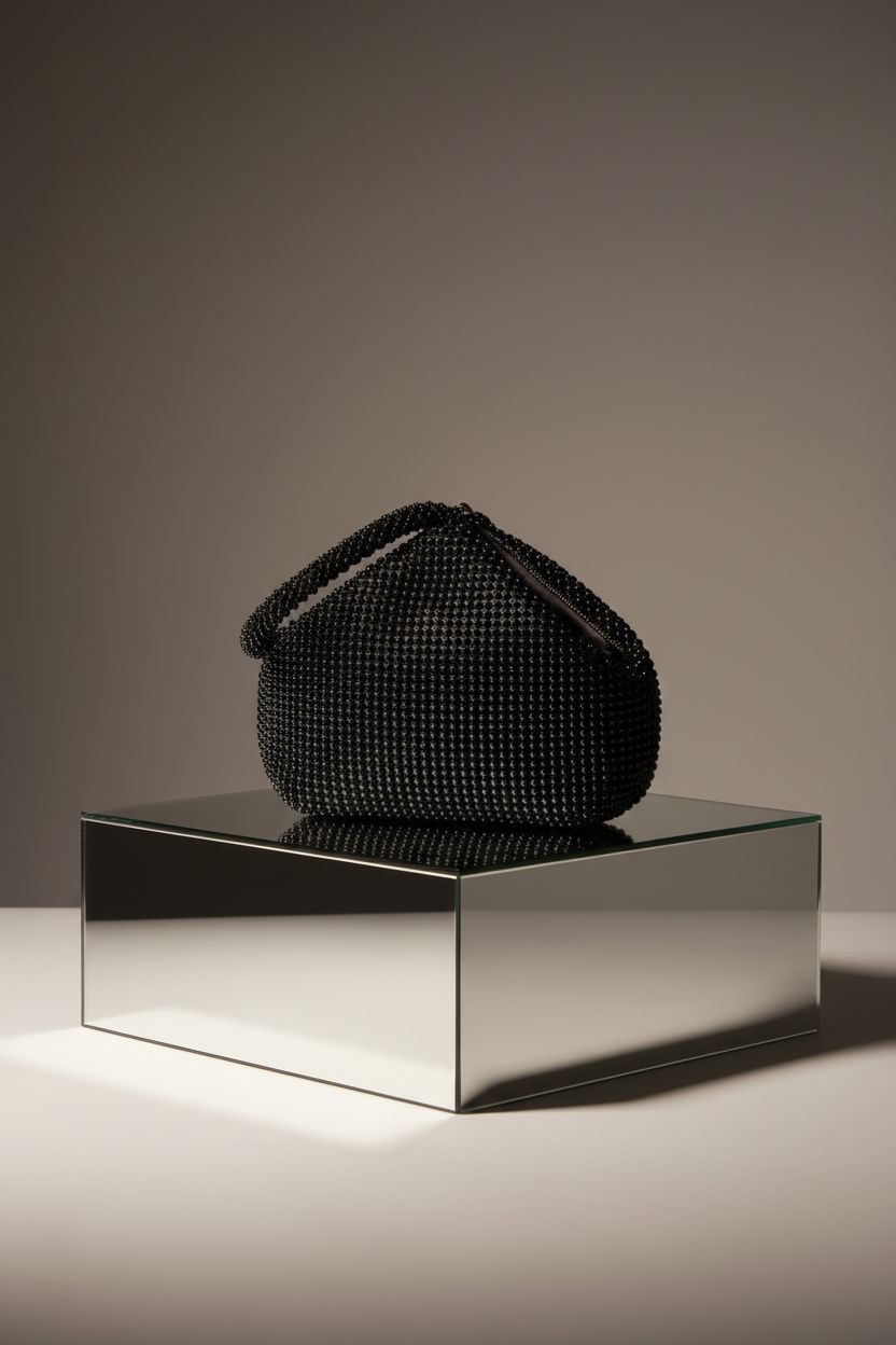 Refined BABEYOND black beaded purse on a chrome display, emphasizing its vintage elegance.