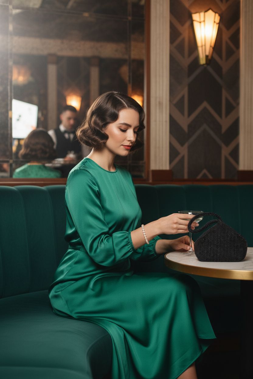 Elegant black beaded purse by BABEYOND in a vintage cocktail lounge setting, 1920s style.