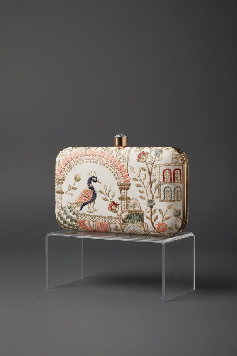Product image of LONGING TO BUY vintage clutch, highlighting gold frame and intricate embroidery.