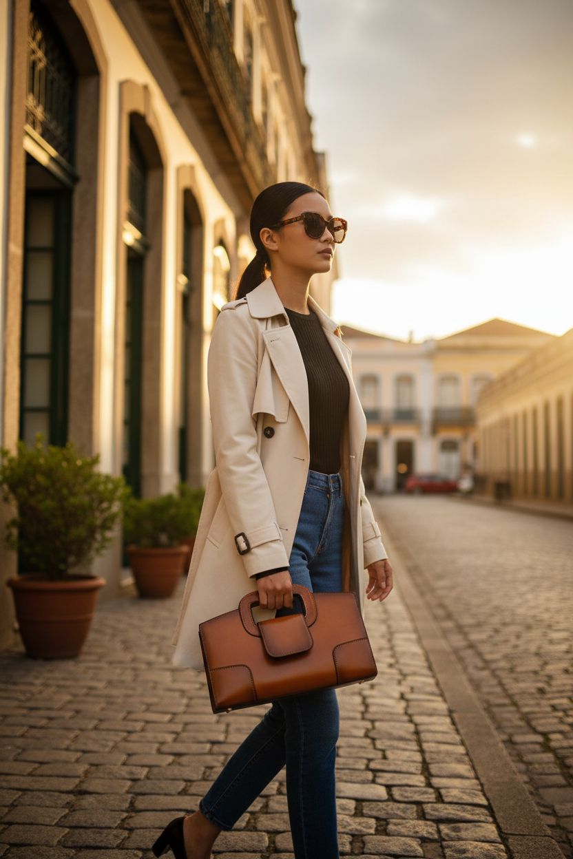ZLM BAG US cognac-brown crossbody bag showcased on a cobblestone street