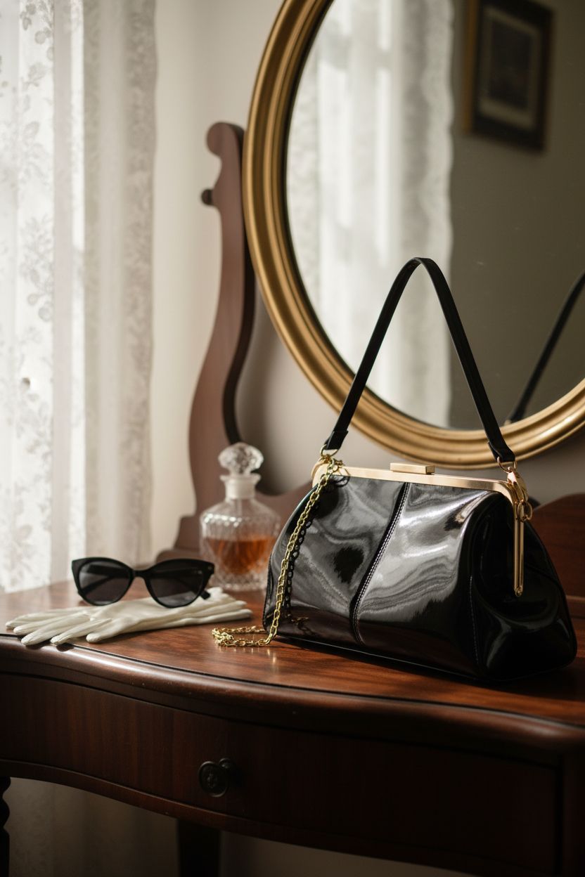 Vintage MICOM black patent handbag on a 1950s vanity, surrounded by retro accessories and soft lighting.