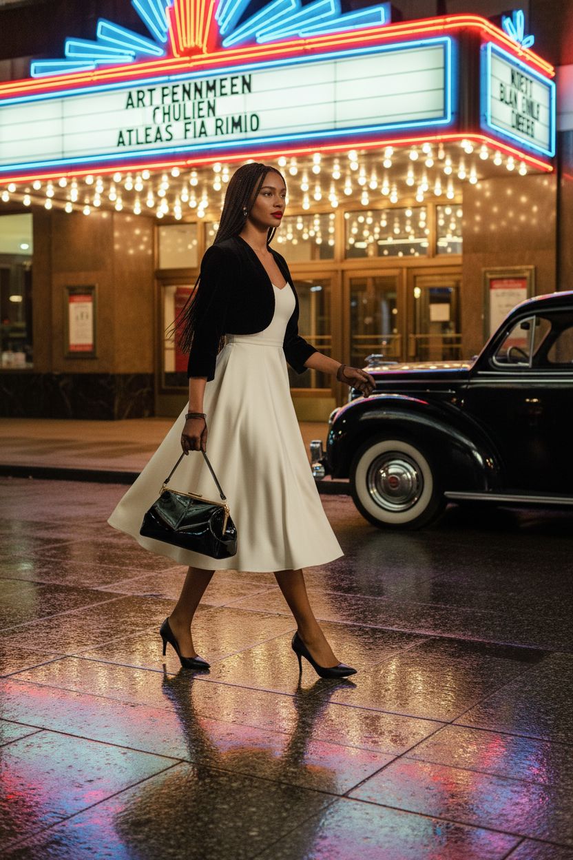 Vintage MICOM black patent leather handbag outside a 1950s cinema, showcasing retro elegance.