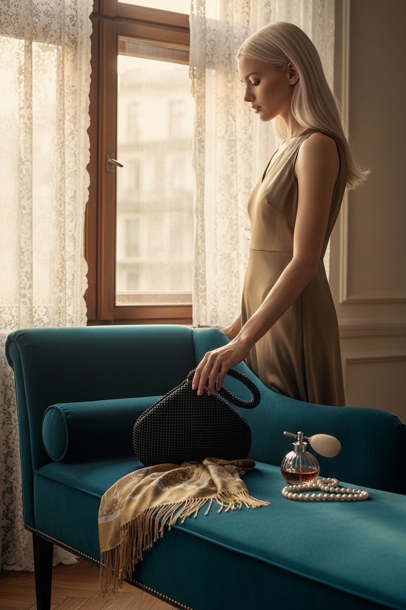Sunlit beaded triangle clutch by BABEYOND on a deep teal chaise, showcasing vintage charm.