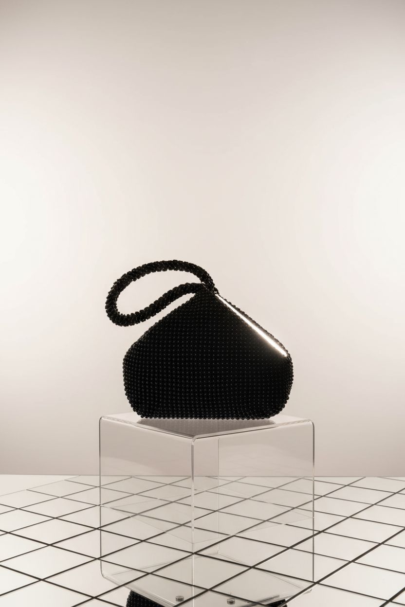 Close-up of BABEYOND's beaded triangle clutch on a champagne background, highlighting craftsmanship.