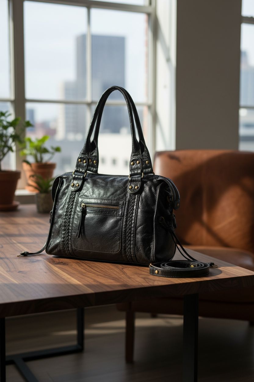 JOLLQUE vintage leather purse resting in a cozy loft, highlighting its washed texture and rivet details.
