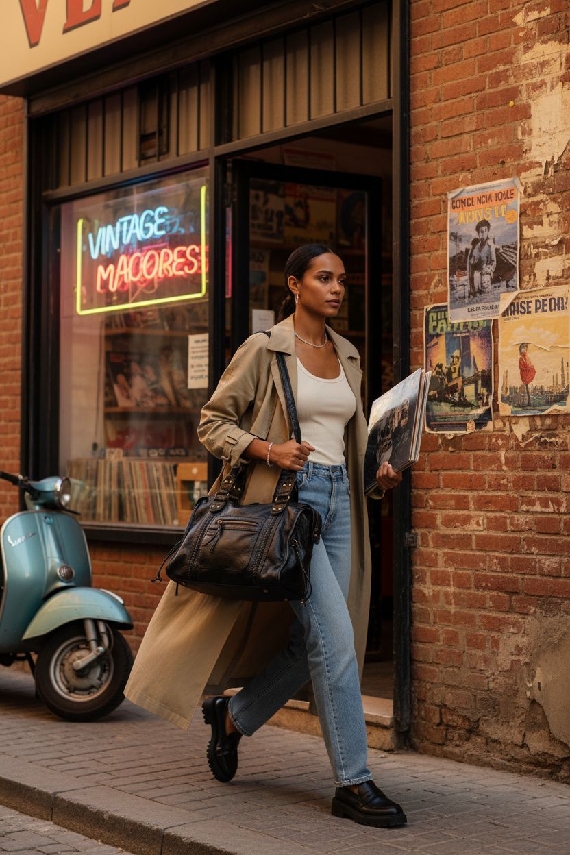 JOLLQUE black vintage leather crossbody bag with rivet hardware, styled casually against urban backdrop.