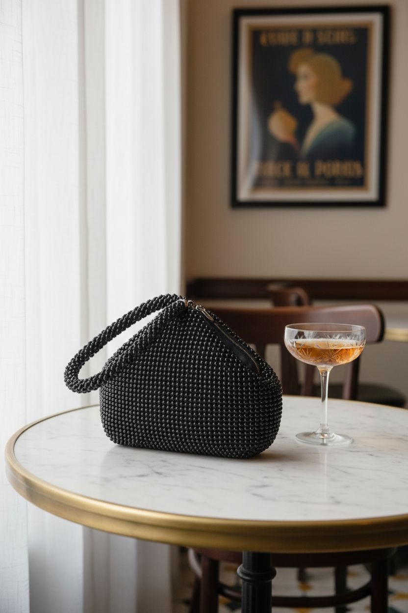 BABEYOND black beaded bag on a marble table in a cozy vintage café, evoking 1920s charm