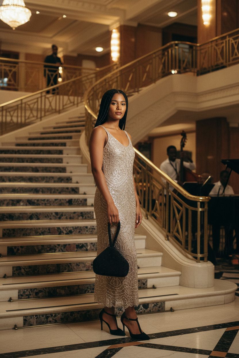 Stylish BABEYOND black beaded bag paired with a flapper dress in an Art Deco hotel lobby