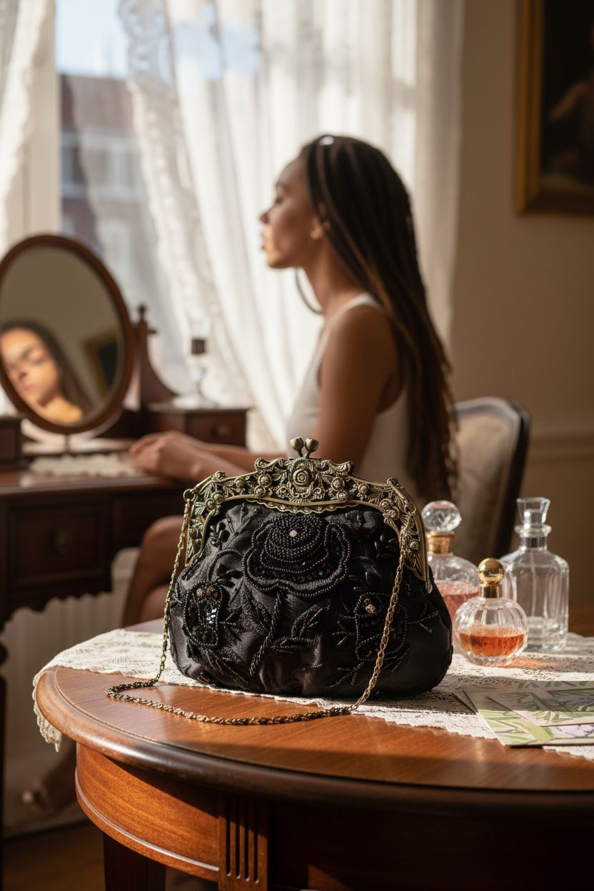 HeiDmai vintage beaded bag on an antique vanity, showcasing its elegant design and craftsmanship.