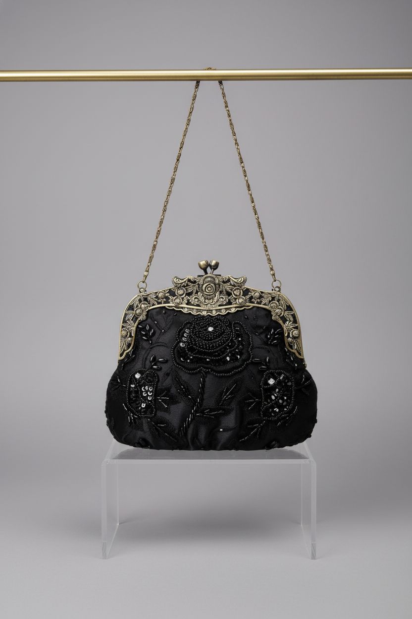 HeiDmai vintage black beaded handbag, showcasing its intricate floral bead texture and elegant clasp.