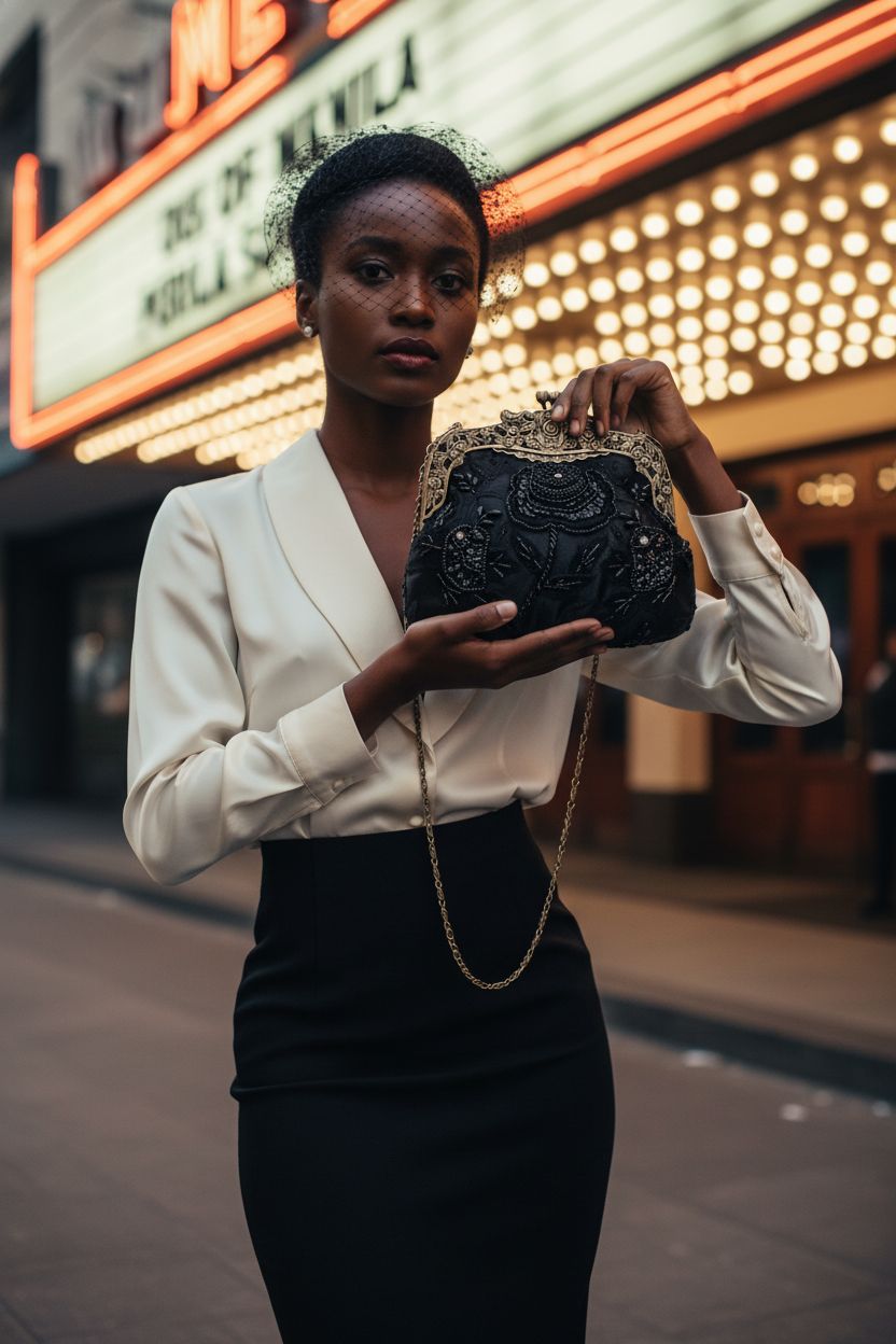 HeiDmai black beaded clutch with antique rose-engraved kiss-lock, perfect for cocktail parties.