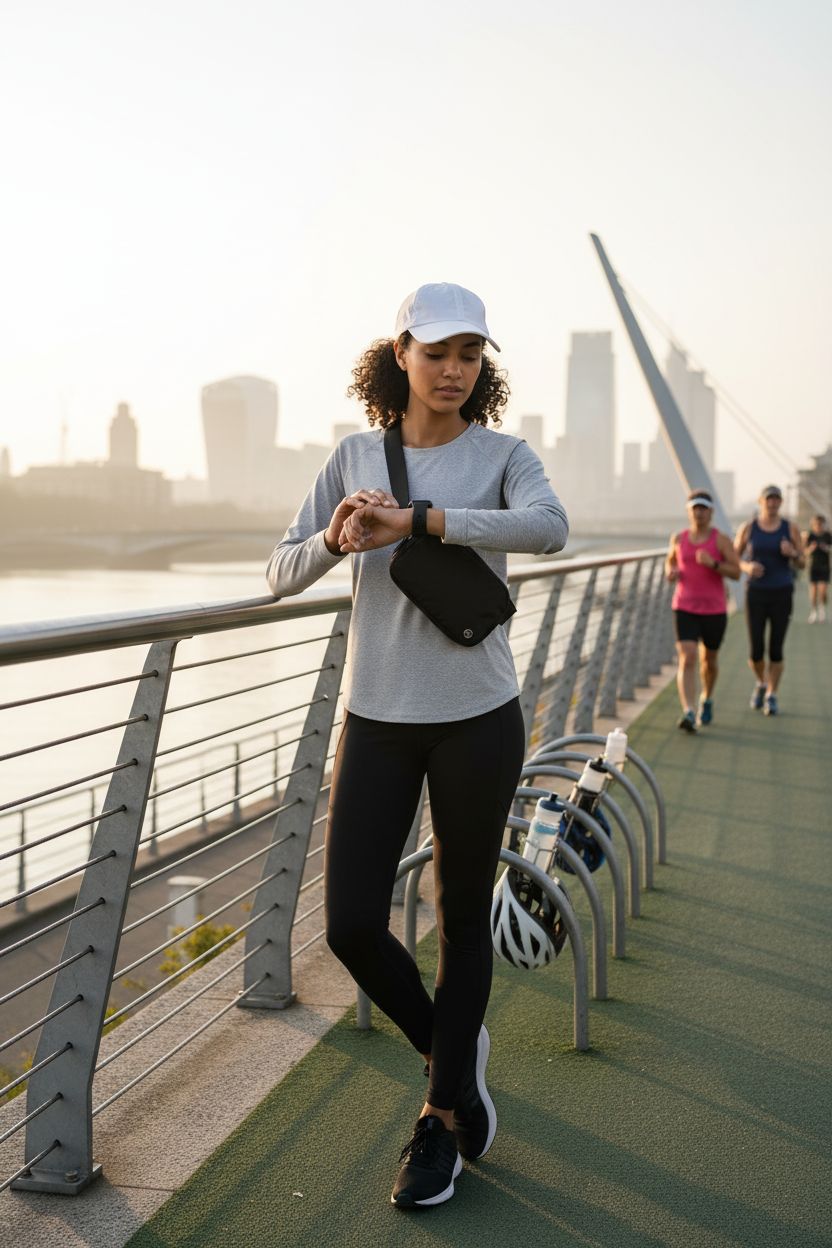 Pander black waist bag on a railing at a riverside, showcasing its sporty style for active use.