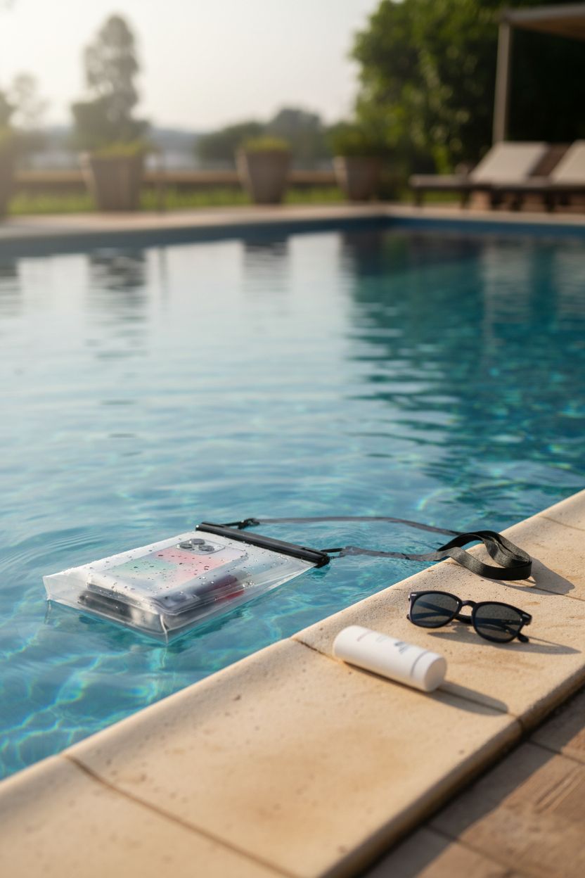 PEDVSTY waterproof phone pouch floating by the pool, highlighting its buoyancy and sleek design.