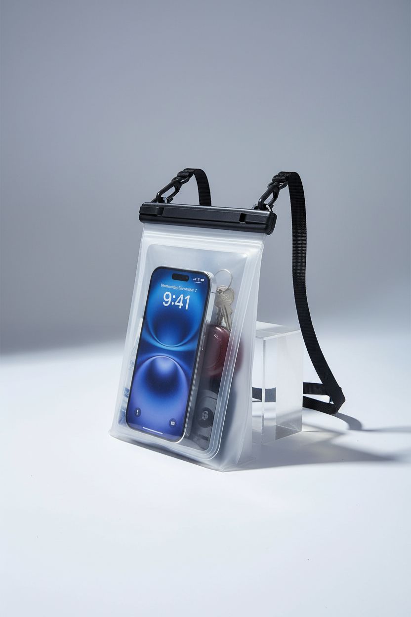 Close-up of PEDVSTY waterproof phone pouch showcasing sealing strip and dual pockets.