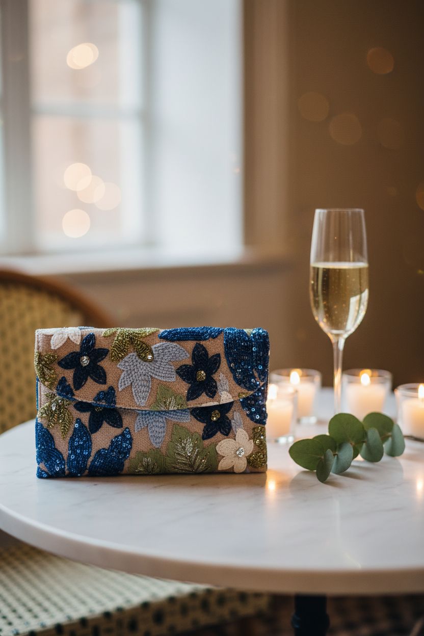 Verdusa floral-embroidered clutch on a marble table, perfect for receptions