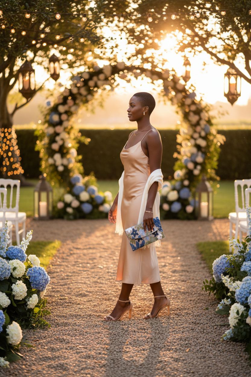 Elegant Verdusa floral beaded clutch at a garden wedding, perfect for guests