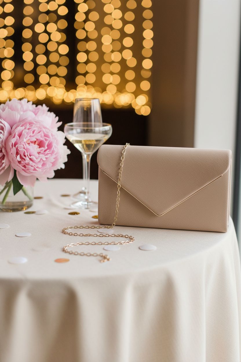BBjinronjy taupe clutch purse on a bistro table with champagne and flowers