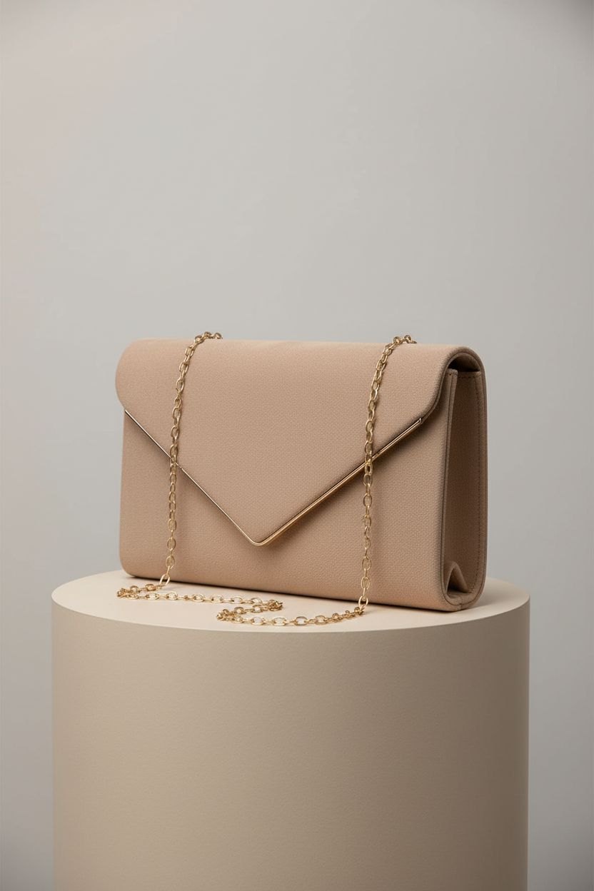 BBjinronjy taupe faux-suede evening clutch showcased in studio lighting