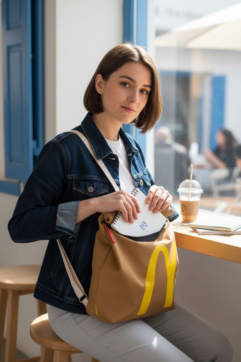 JBIUVBTY Classic Funny Retro Paper Bag Backpack in tan and yellow at a café, perfect for notebooks