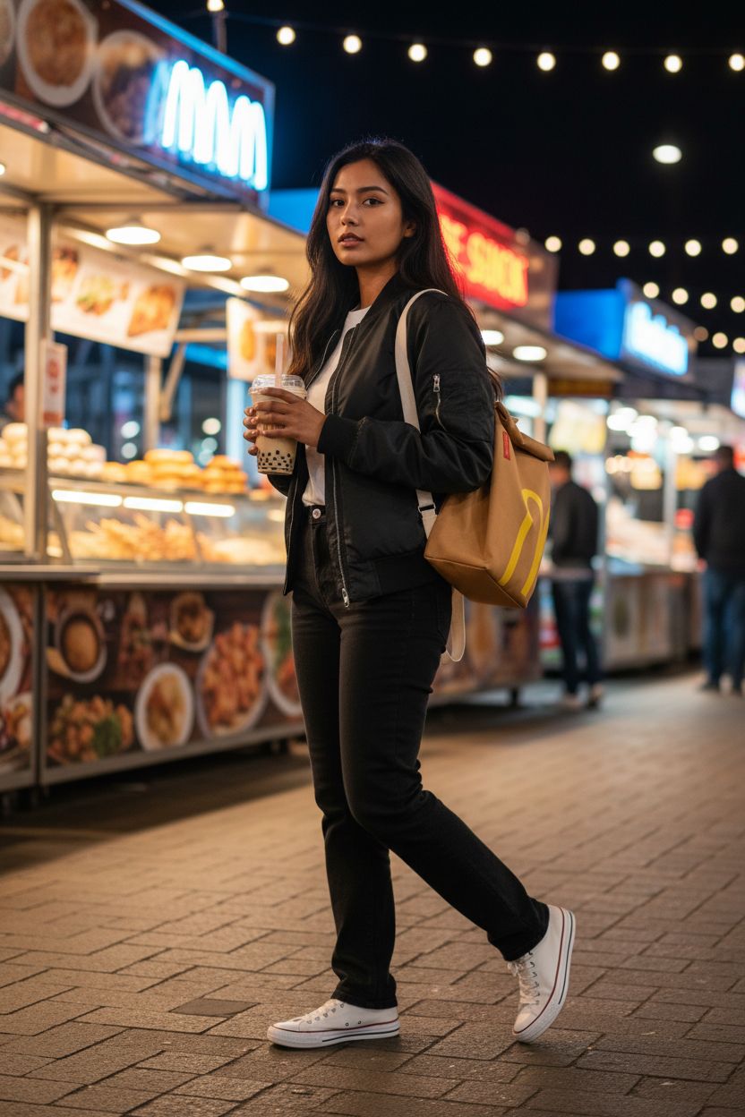 Stylish JBIUVBTY Canvas Backpack in tan, standing out at a vibrant night market with neon lights