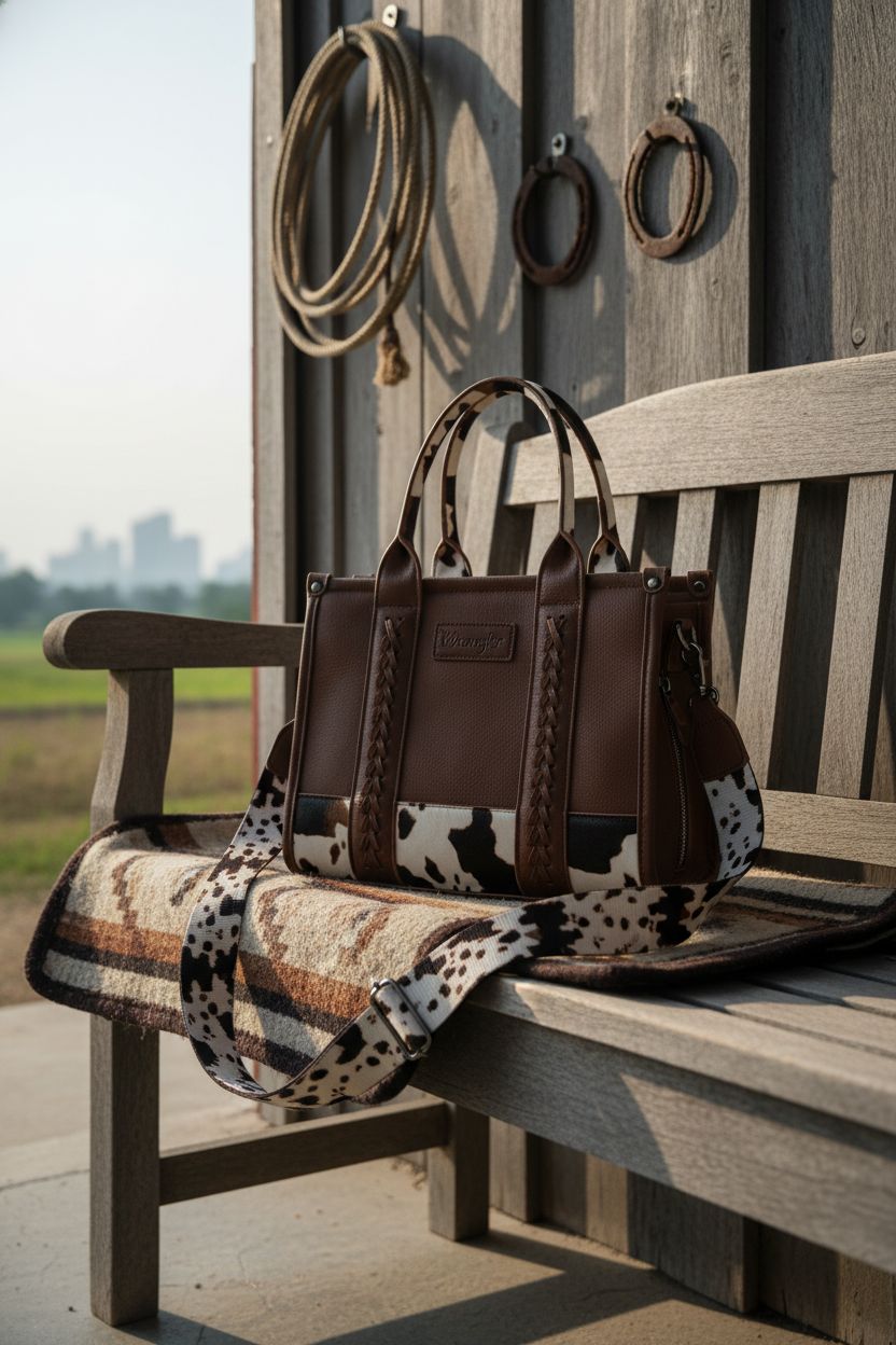Wrangler tote bag on a Navajo-style blanket, evoking rustic charm, Montana West design