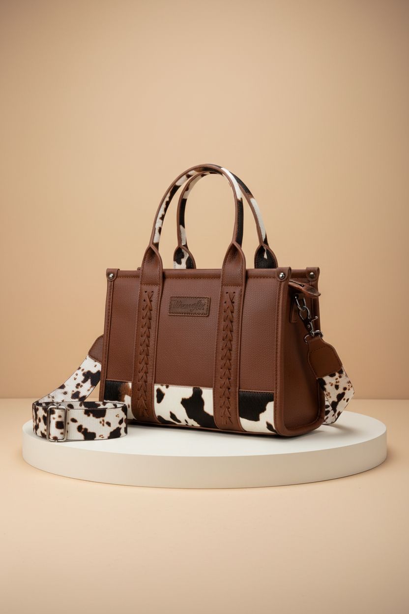 Close-up of Wrangler tote bag with cow print on a beige backdrop, showcasing Montana West quality