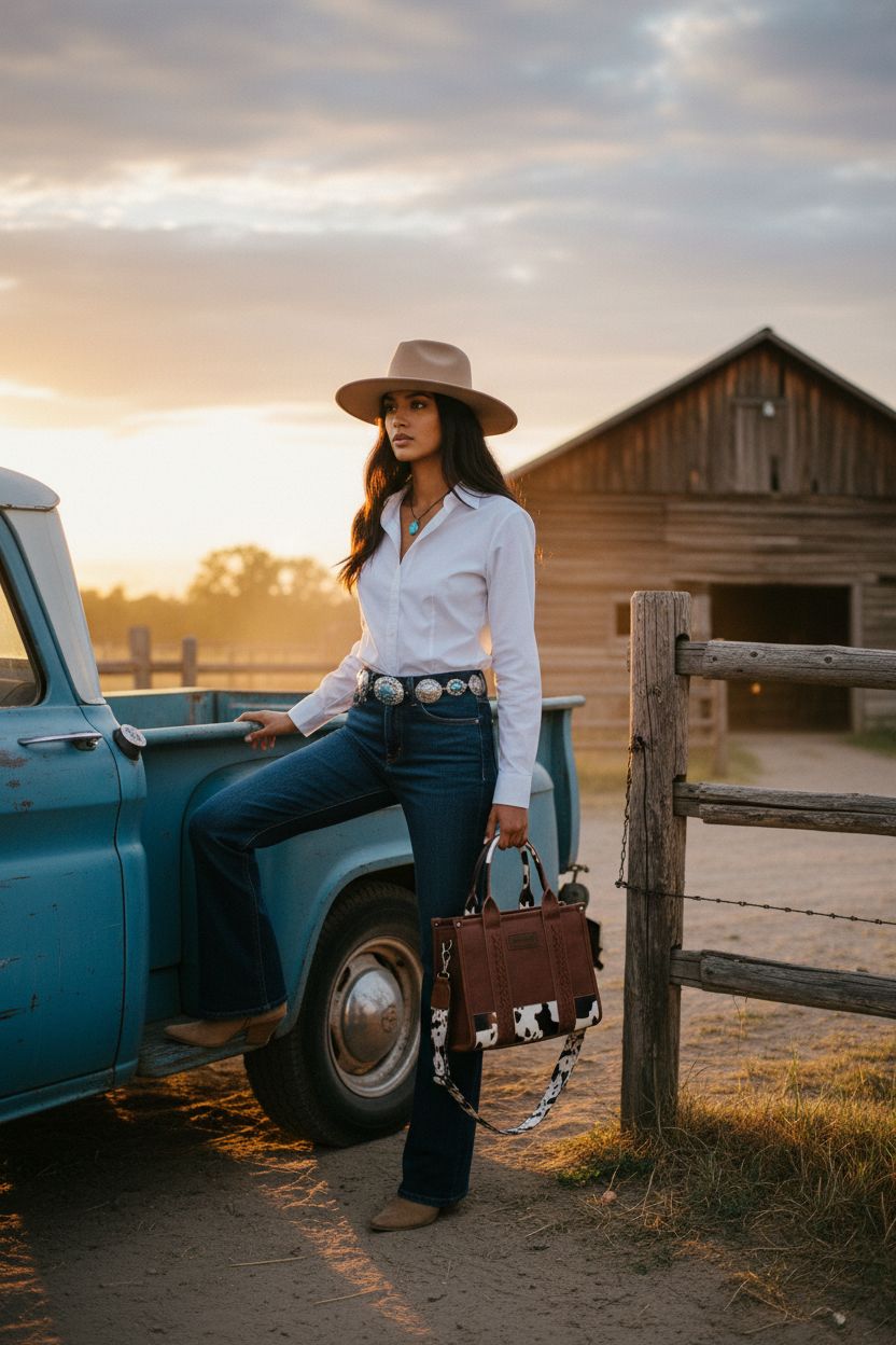 Wrangler tote bag in cow print carried at a ranch during golden hour, Montana West style