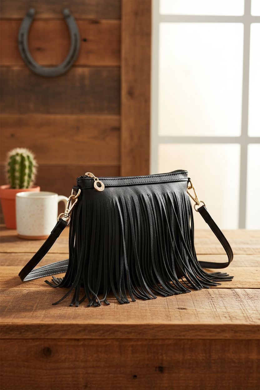 FashionPuzzle Small Fringe Crossbody Bag displayed in a cozy coffee nook, emphasizing its textured faux leather and fringe.