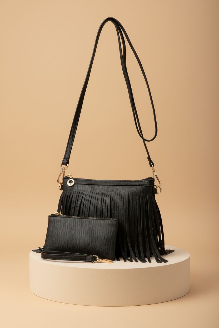 FashionPuzzle Small Fringe Crossbody Bag on a neutral backdrop, showcasing its sleek design and versatile strap options.