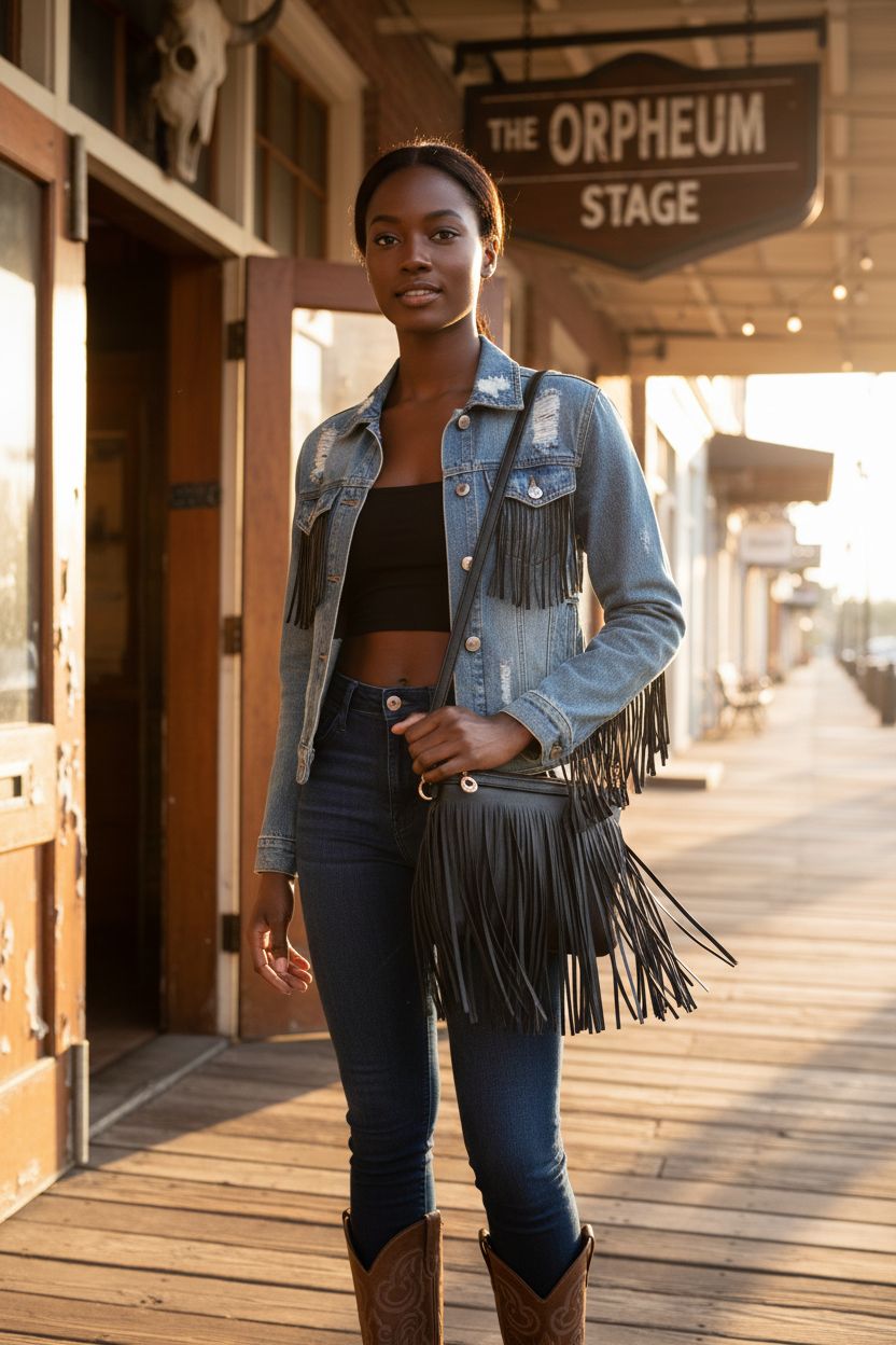 FashionPuzzle Small Fringe Crossbody Bag shown outdoors, highlighting black faux leather and fringe detail.