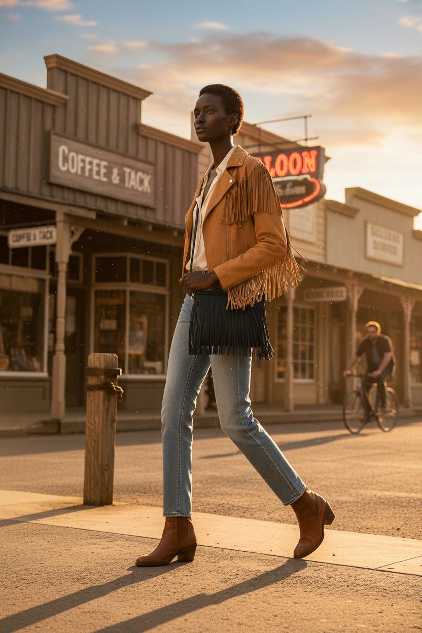 FashionPuzzle Small Fringe Crossbody Bag in a sunlit Western street setting, showcasing its fringe and stylish design.