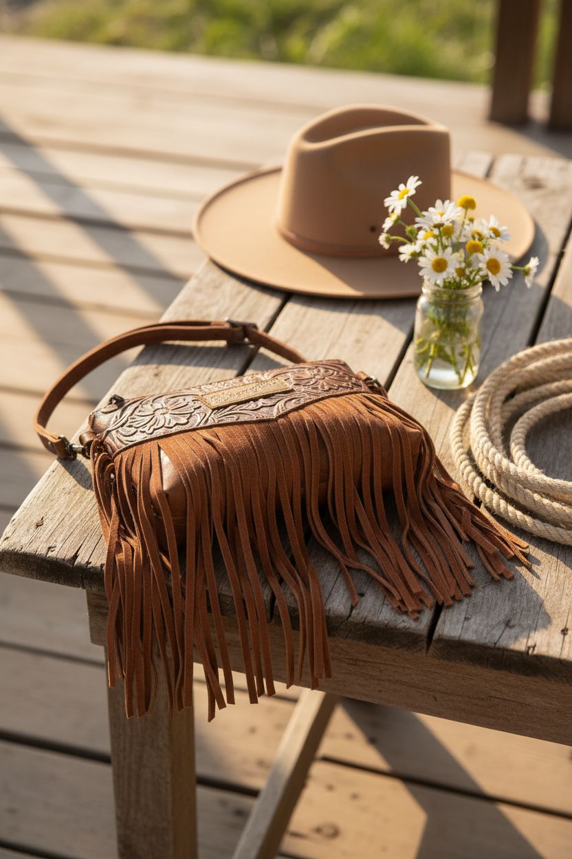 Montana West Wrangler Clutch Wristlet Fringe Purse on a rustic ranch porch with flowers
