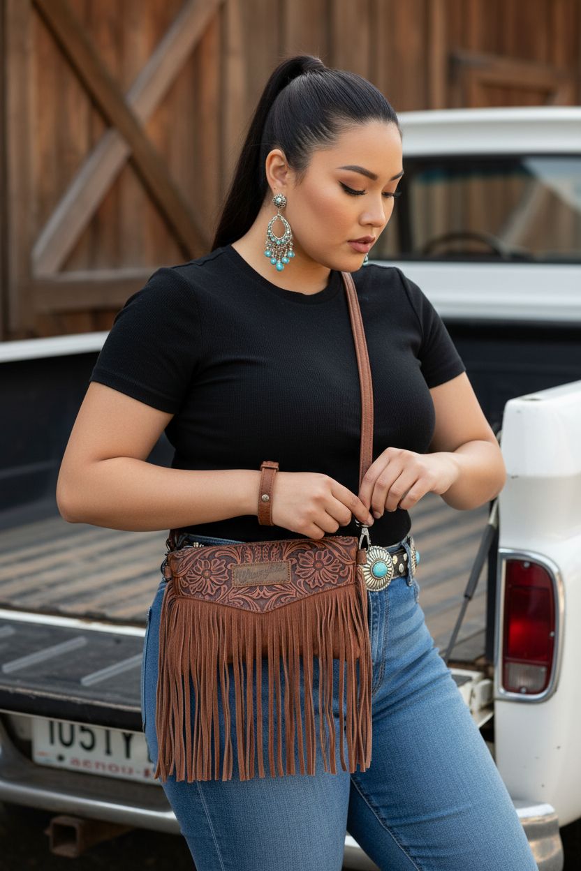 Montana West Wrangler Clutch Wristlet Fringe Purse shown in a barn with denim attire