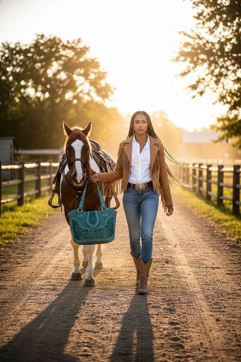 Montana West western tooled leather purse against a ranch backdrop at golden hour