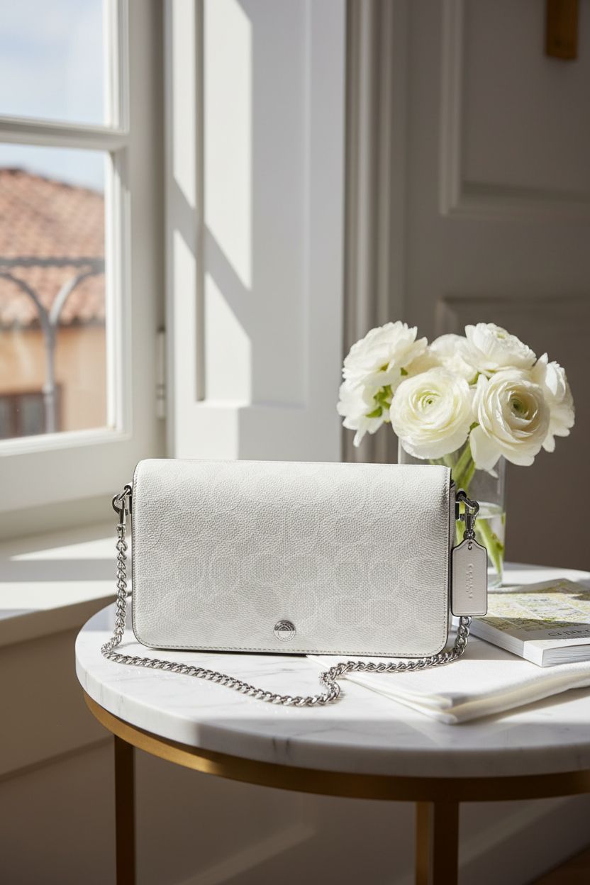 Coach Mila Crossbody Bag in white chalk, set in a chic boutique hotel setting.