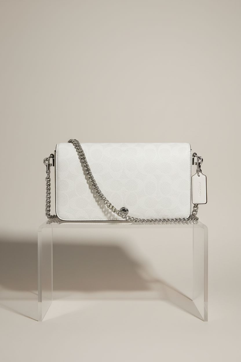 Detailed view of Coach Mila Crossbody Bag in signature canvas, highlighting its design.