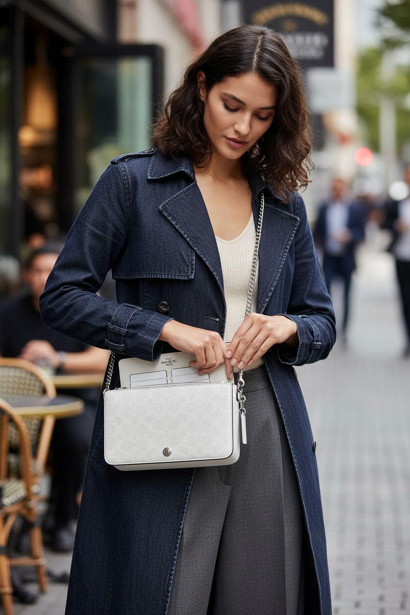 Coach Mila Crossbody Bag in white chalk, showcased at a café with stylish details.