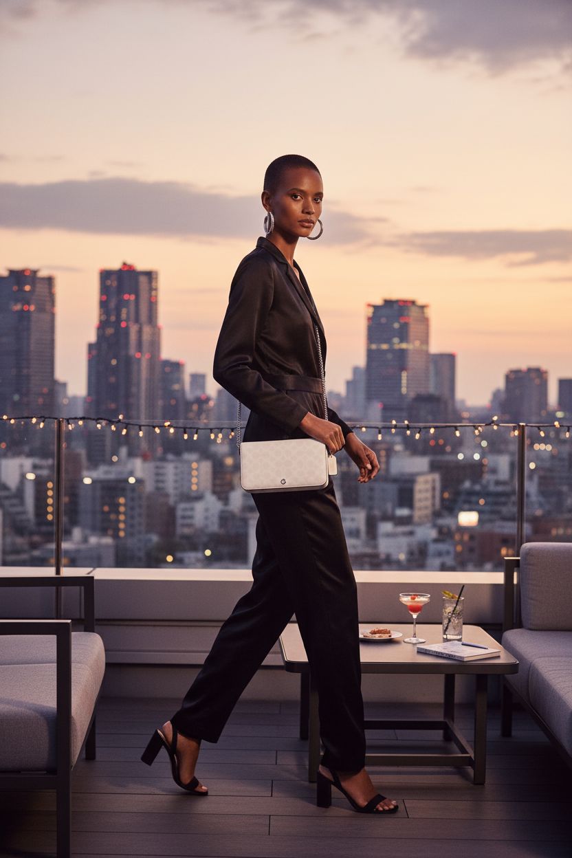 Sleek Coach Mila Crossbody Bag in white chalk, perfect for rooftop outings.
