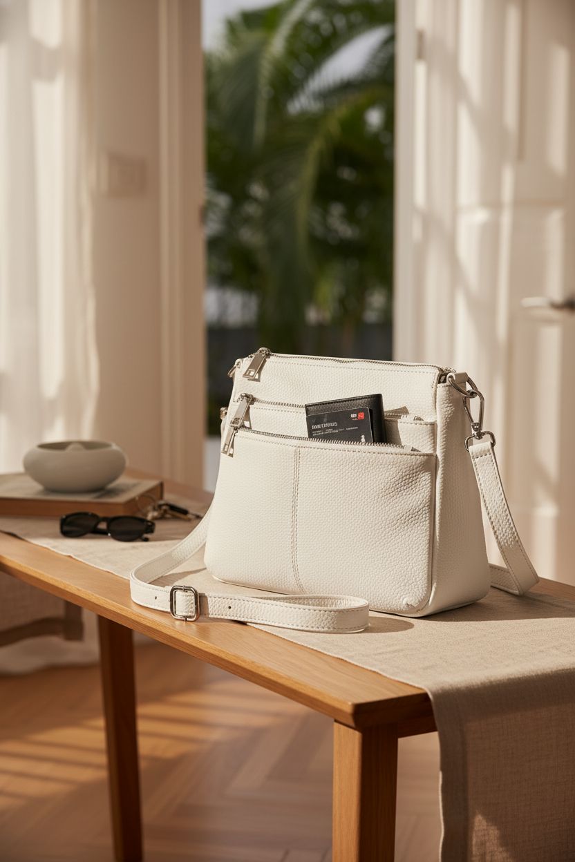 Befen white leather purse displayed in a cozy entryway with natural light